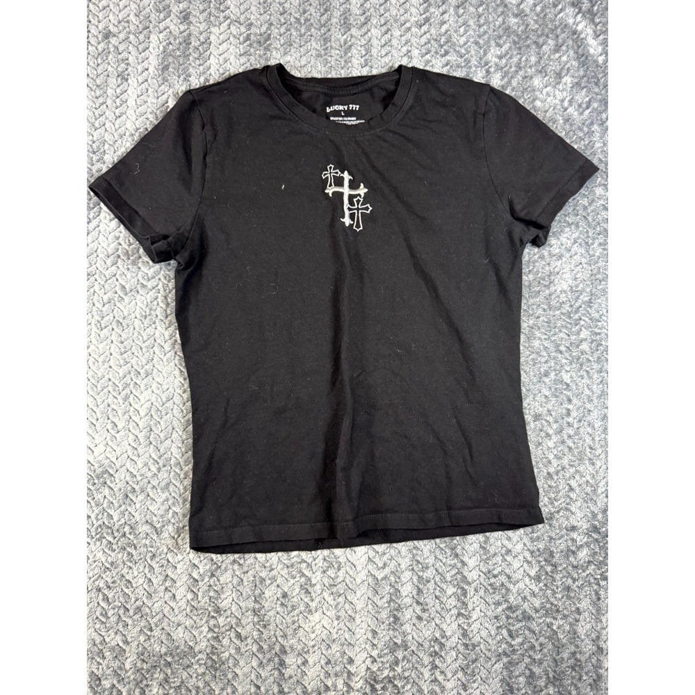 Lucky 777 T Shirt Men Large Black Cotton Stretch Short Sleeve Cross Print Casual